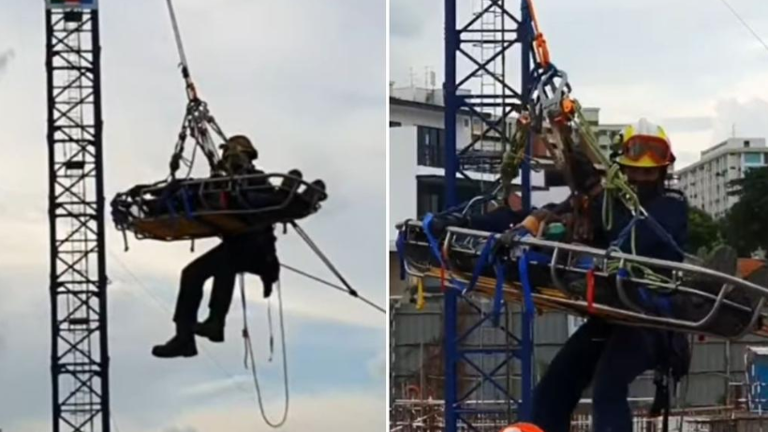 SCDF responders rescue injured worker from 40m-high crane