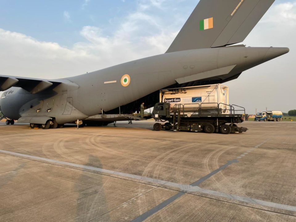Four cryogenic oxygen containers have arrived in India at Panagarh Air Base from Singapore.