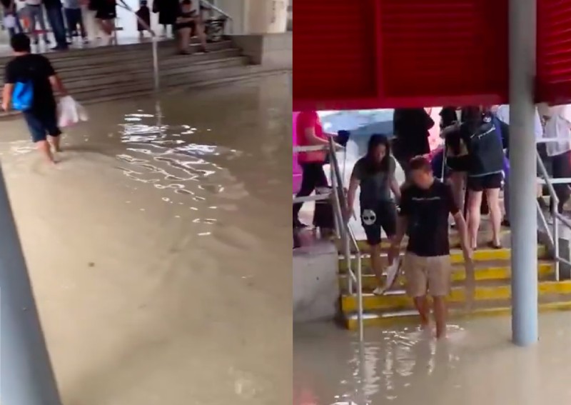 Flood outside Tanah Merah MRT station due to construction works leaves commuters stranded