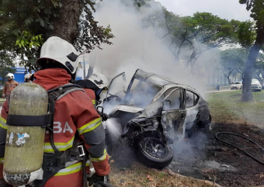 Charred body of Singaporean found after car hits tree and catches fire in Johor